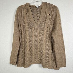 Talbots plus size 2X petite cable knit hooded sweater mercerized cotton brown